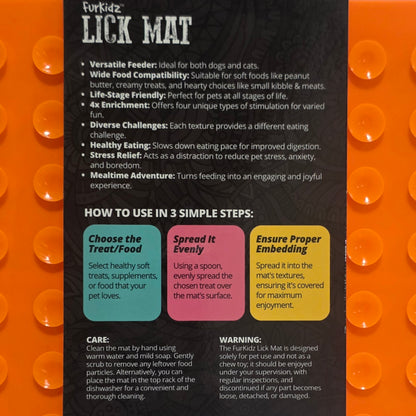Furkidz LICK MAT packaging with text and instructions on an orange background