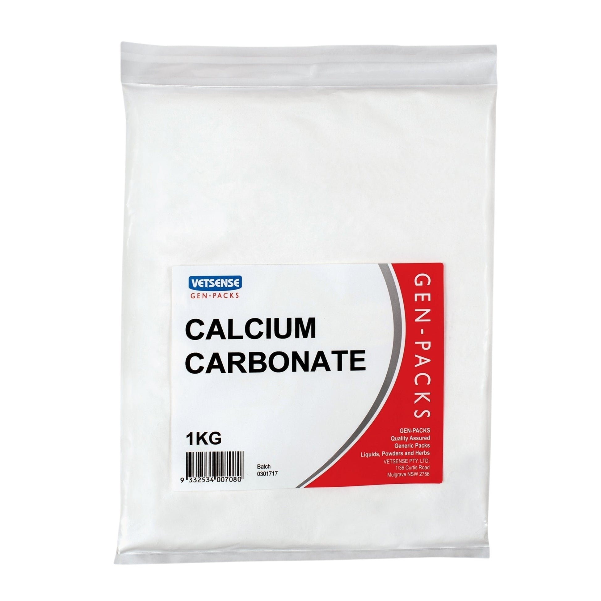 Package of calcium carbonate with Vetsense branding on a white background