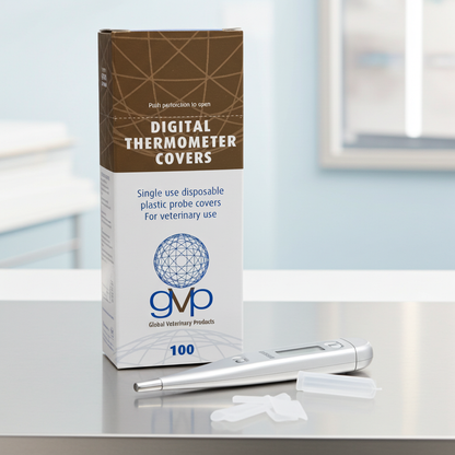 Box of digital thermometer covers with a thermometer on a stainless steel table with a light background