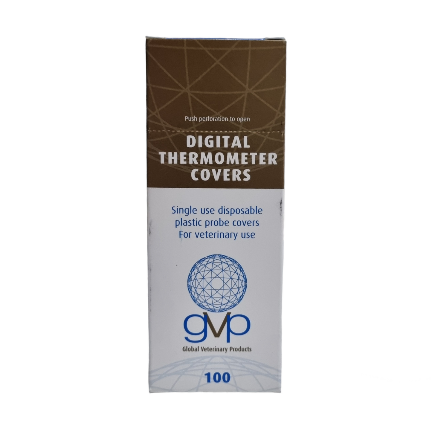 A box of Digital Thermometer Covers, indicating it contains 100 single use disposable plastic probe covers, labeled for veterinary use.
