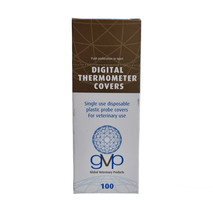 A box of Digital Thermometer Covers, indicating it contains 100 single use disposable plastic probe covers, labeled for veterinary use.