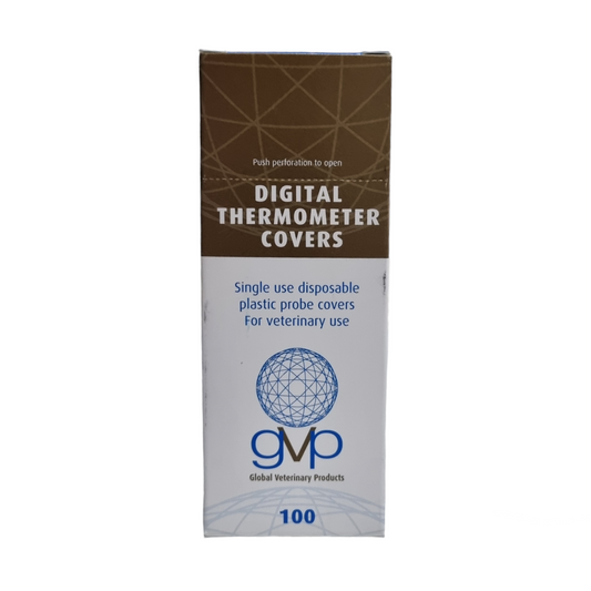 A box of Digital Thermometer Covers, indicating it contains 100 single use disposable plastic probe covers, labeled for veterinary use.