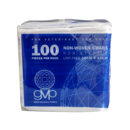 A pack of 100 non-woven swabs for veterinary use, measuring 10cm x 10cm, in a blue and white packaging with the GVP logo.