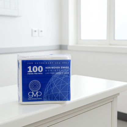 Bag of GMP non-woven swabs on a white surface with a light background
