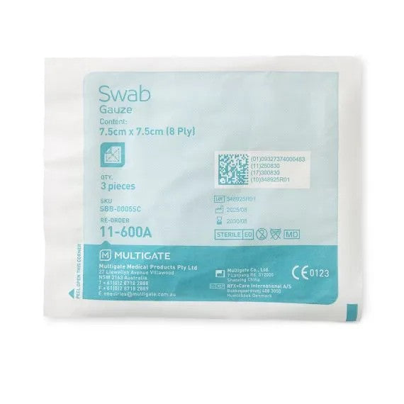 Gauze swab package with Multigate branding on a white background