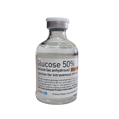 A vial labeled 'Glucose 50% w/v 50mL' indicating a sterile solution for veterinary use.