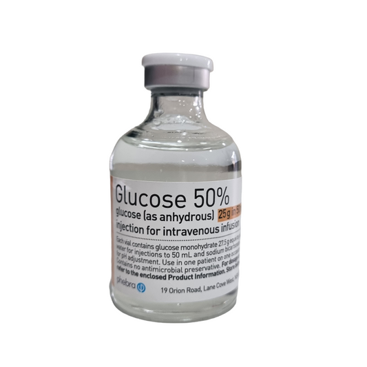 A vial labeled 'Glucose 50% w/v 50mL' indicating a sterile solution for veterinary use.