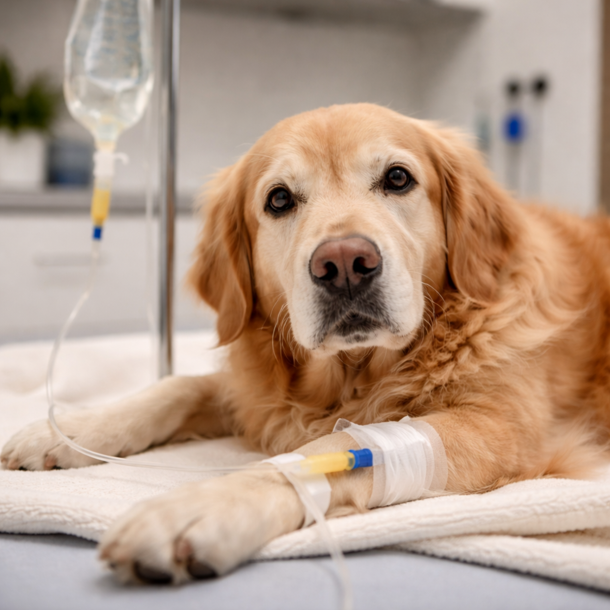 Dog receiving an IV treatment in a clinical setting