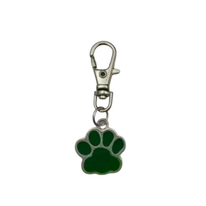 Green paw print keychain with a metal clasp on a white background