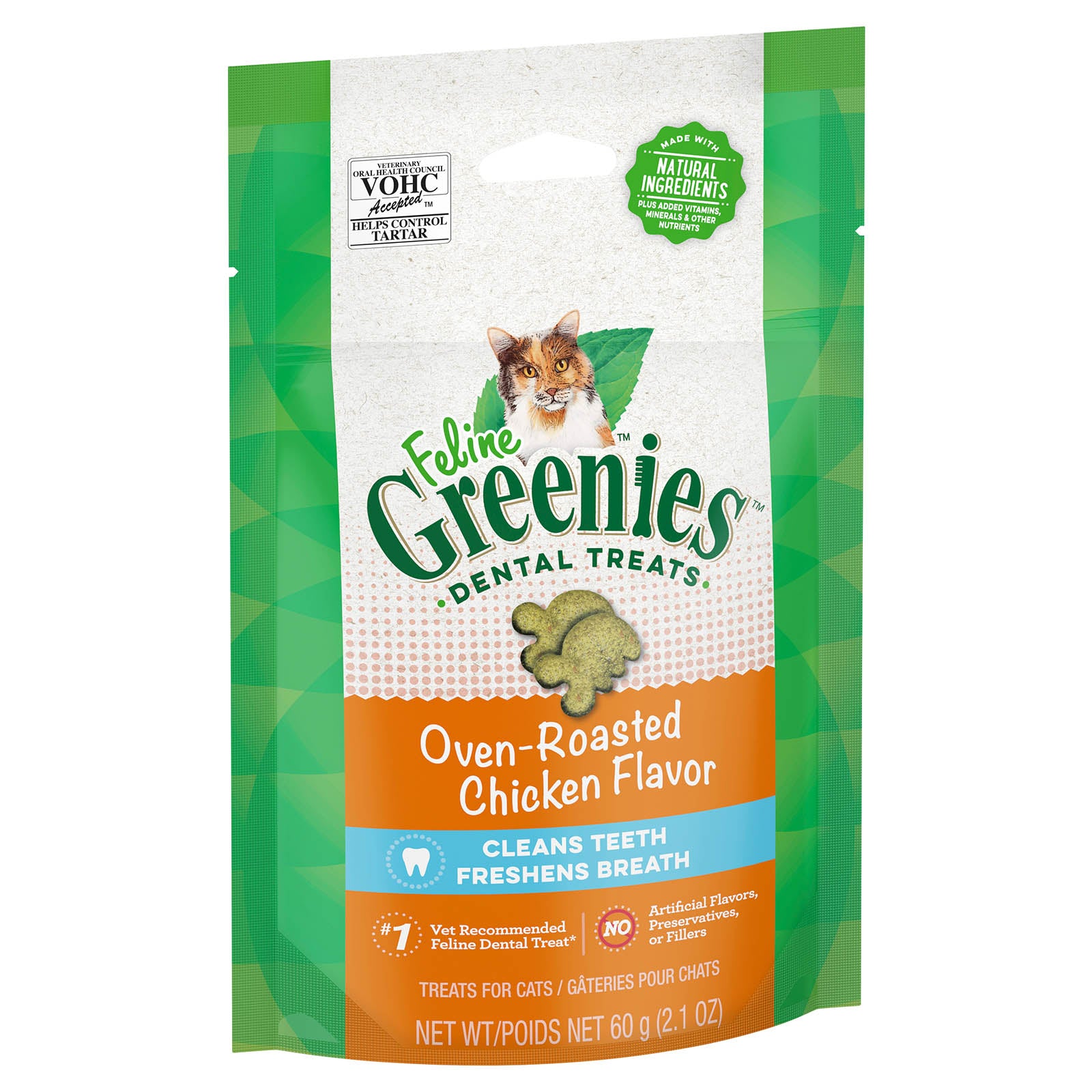 Feline Greenies dental treats packaging with a cat illustration on a white background