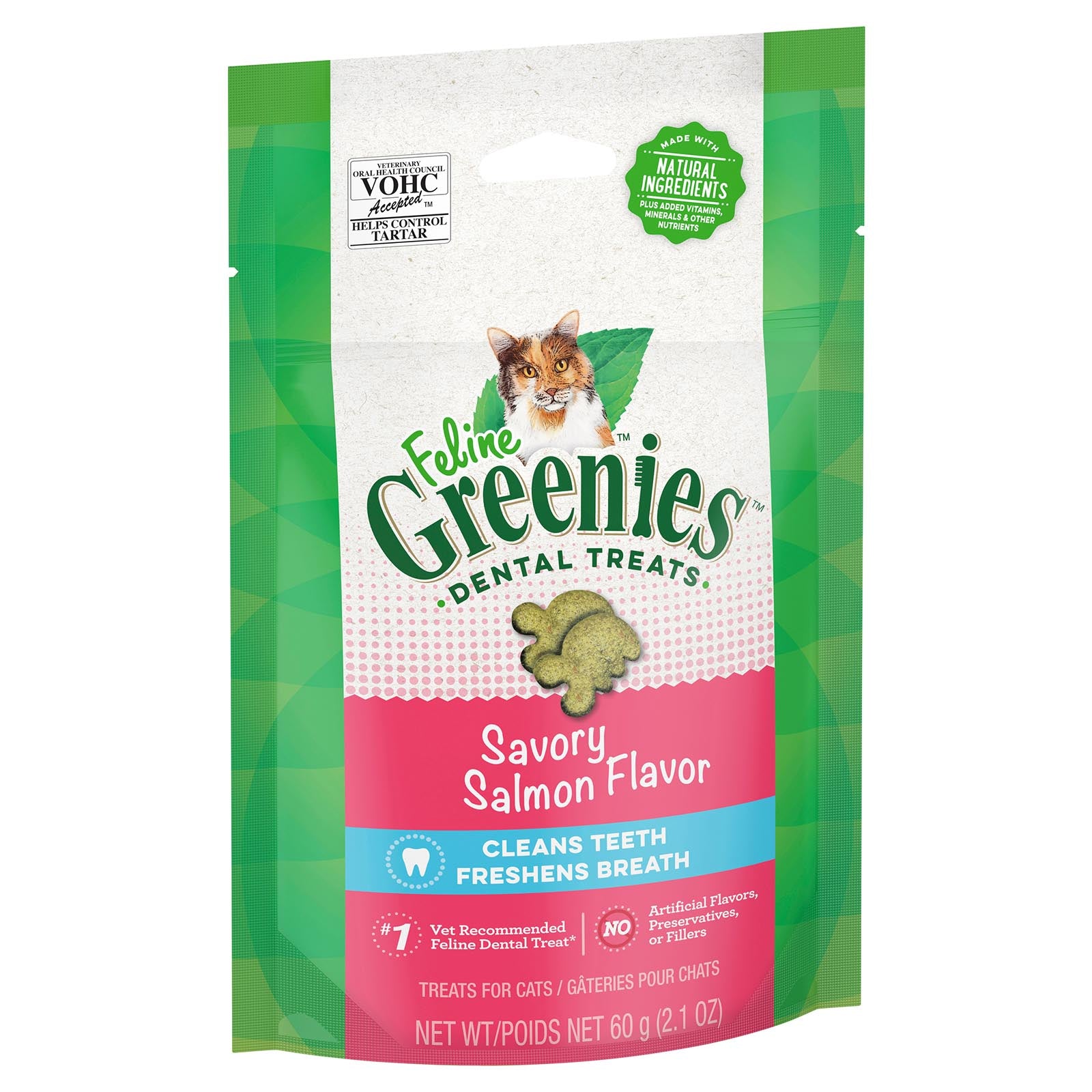 Feline Greenies Savory Salmon Flavor dental treats packaging on a white background