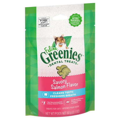 Feline Greenies Savory Salmon Flavor dental treats packaging on a white background