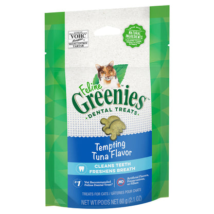 Feline Greenies dental treats packaging with a cat illustration on a white background