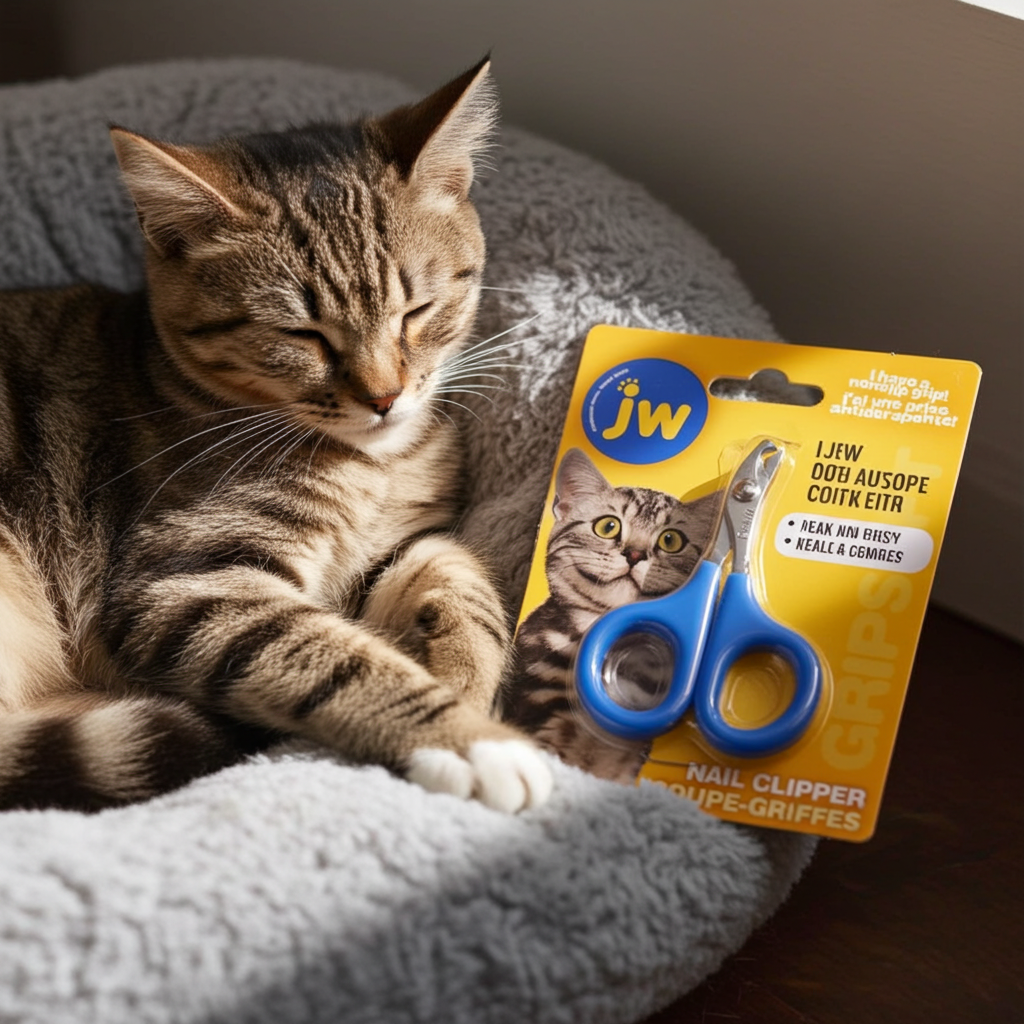 Cat sleeping in its bed next to a packet of Gripsoft Cat Nail Clippers