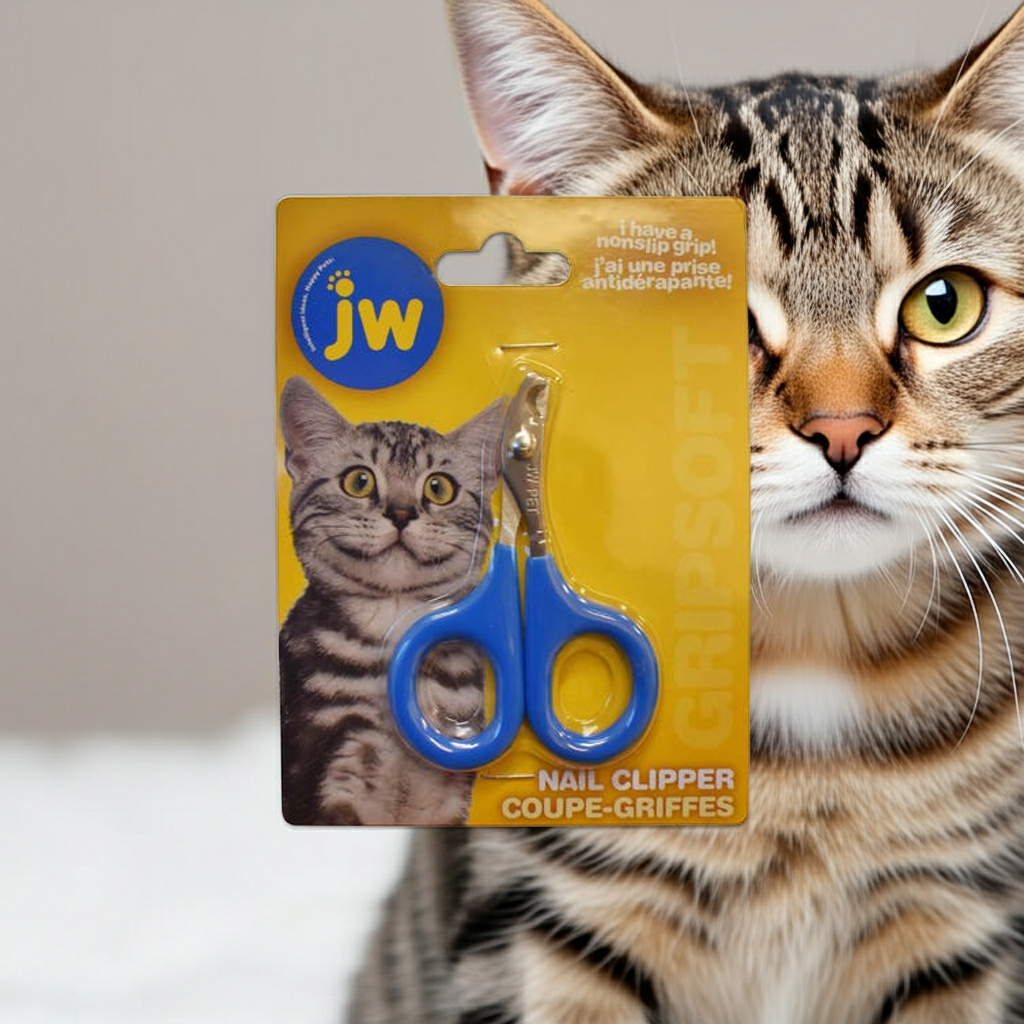 Gripsoft Cat Nail Clippers packaging in front of a cat