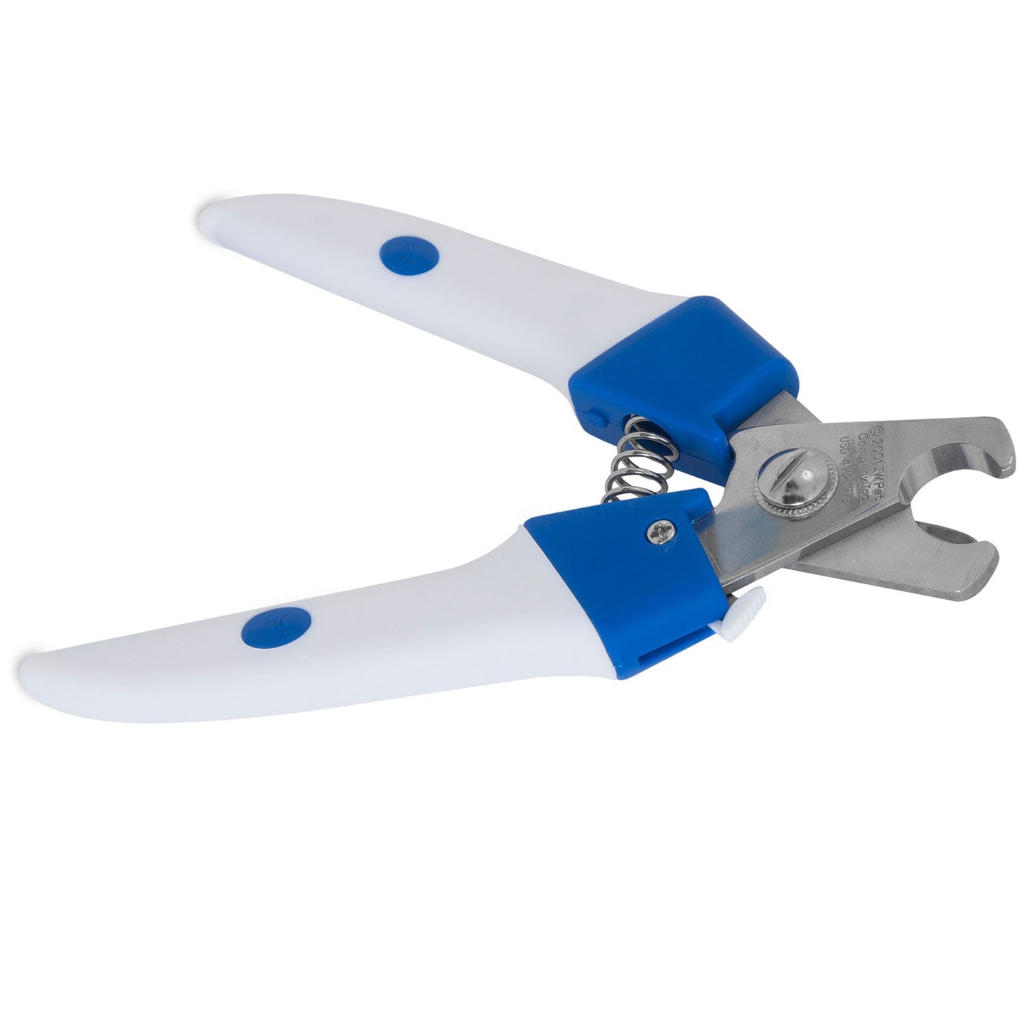 Gripsoft Pet nail clipper with blue and white handles on a white background