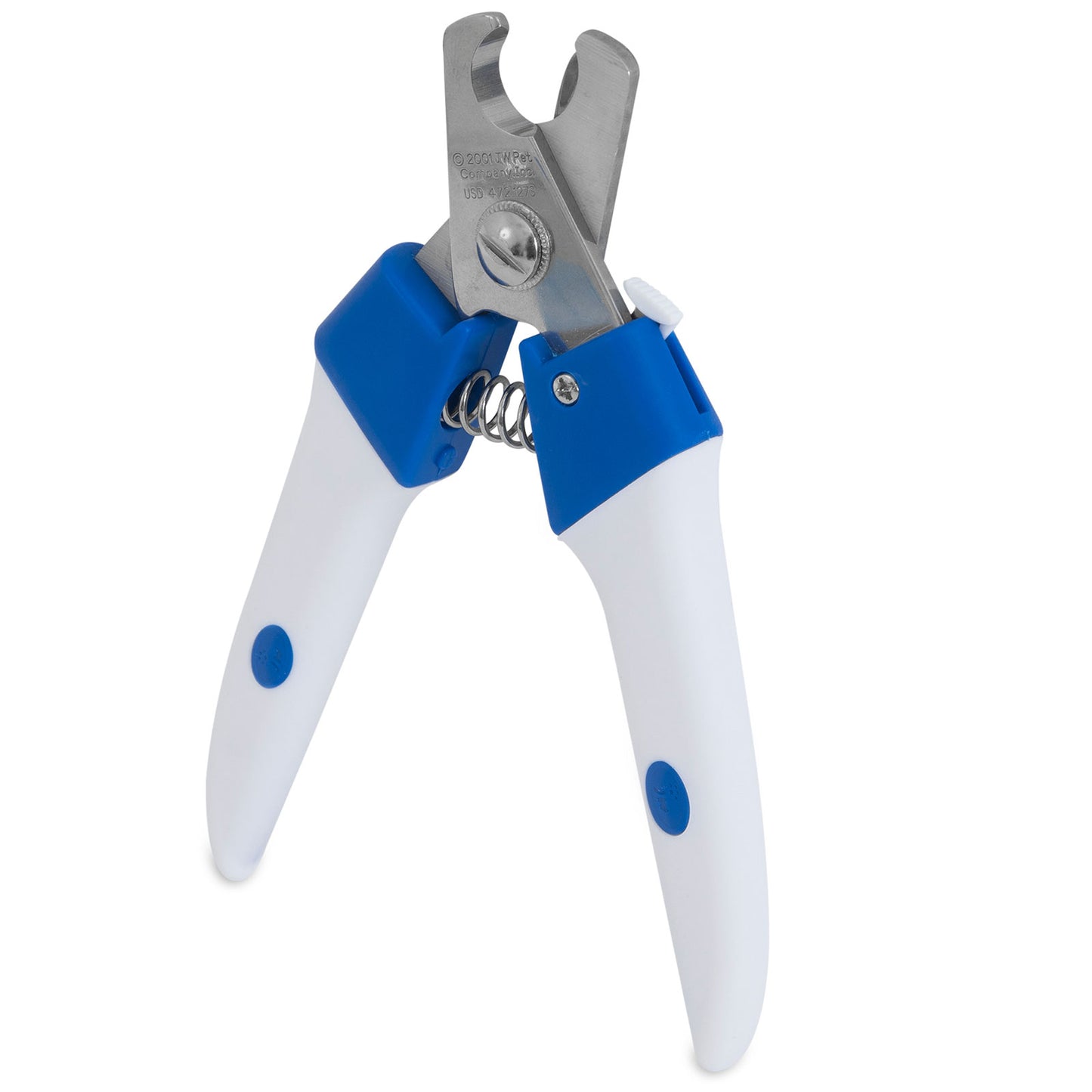 Pet nail clipper with blue and white handles on a white background
