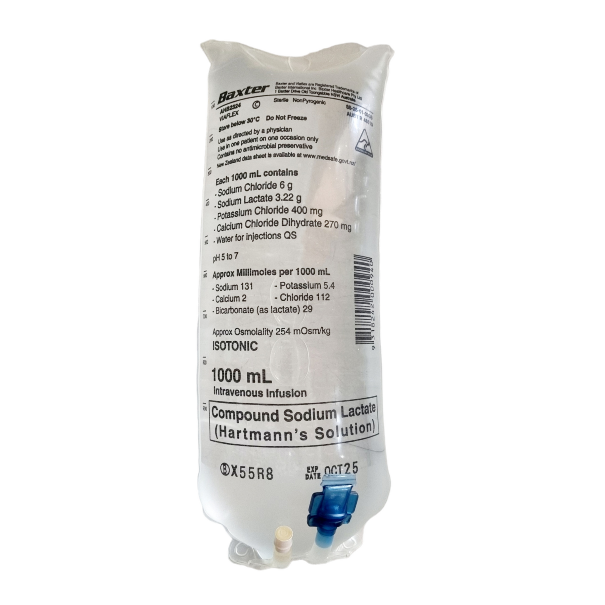 A 1000 mL Baxter brand bag labeled as containing Compound Sodium Lactate, which is also known as Hartman's Solution.