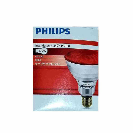 Philips infrared heat lamp globe packaging, featuring a globe and an E27 socket, with product information and branding visible.
