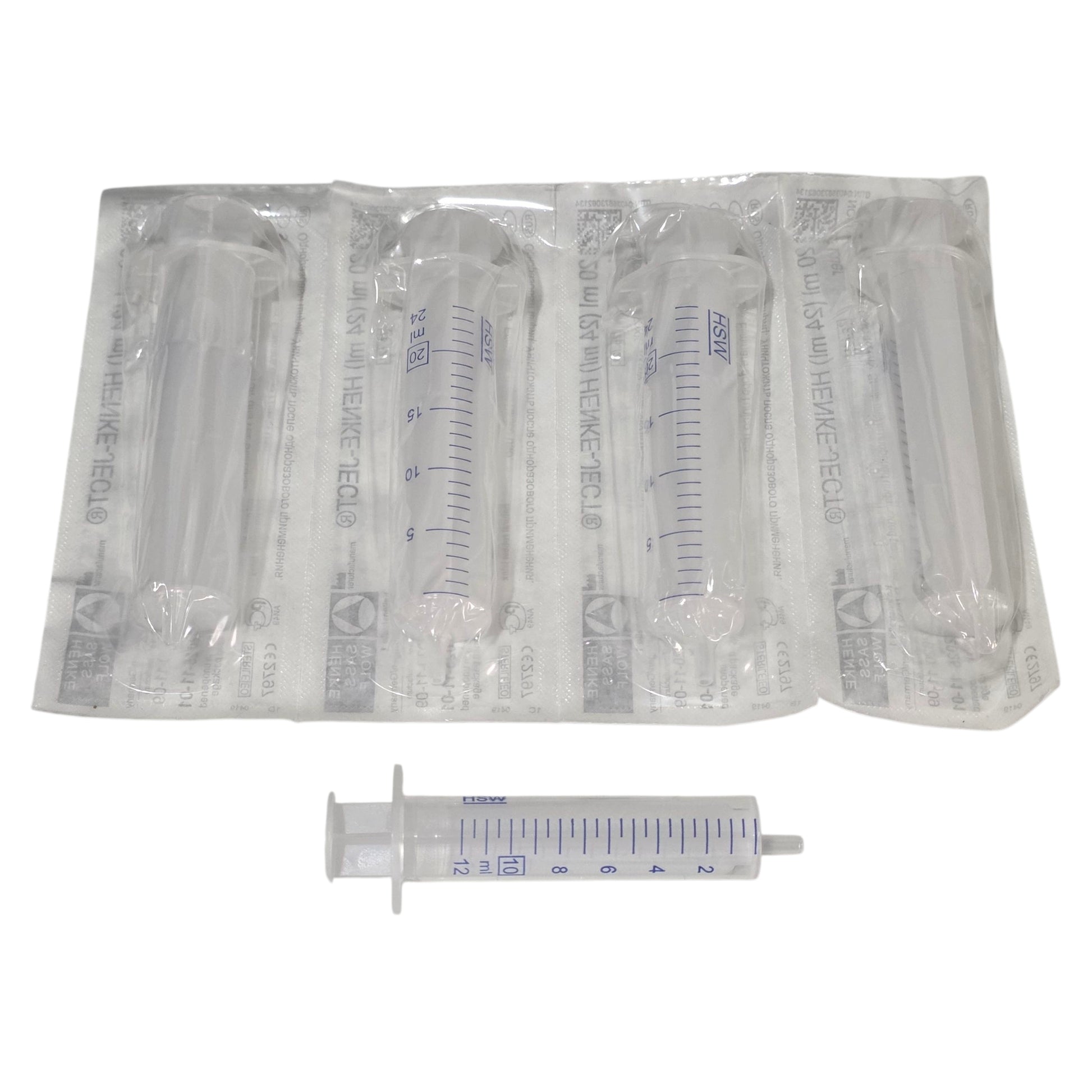 Packaged syringes with measurement markings on a white background
