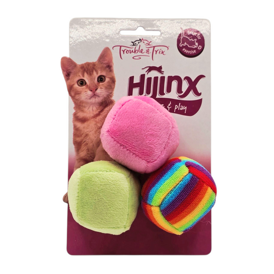 Hilinx cat toy set with pink, green, and rainbow striped ball on packaging featuring a cat.