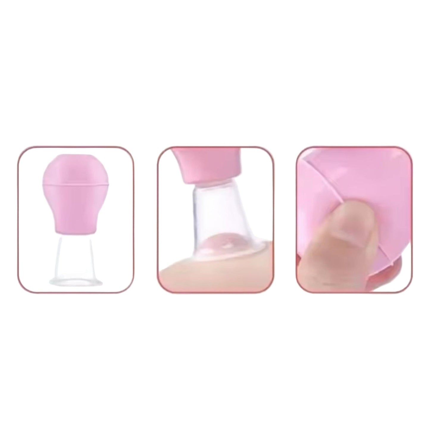 Pictures showing how to use an inverted nipple corrector on white background