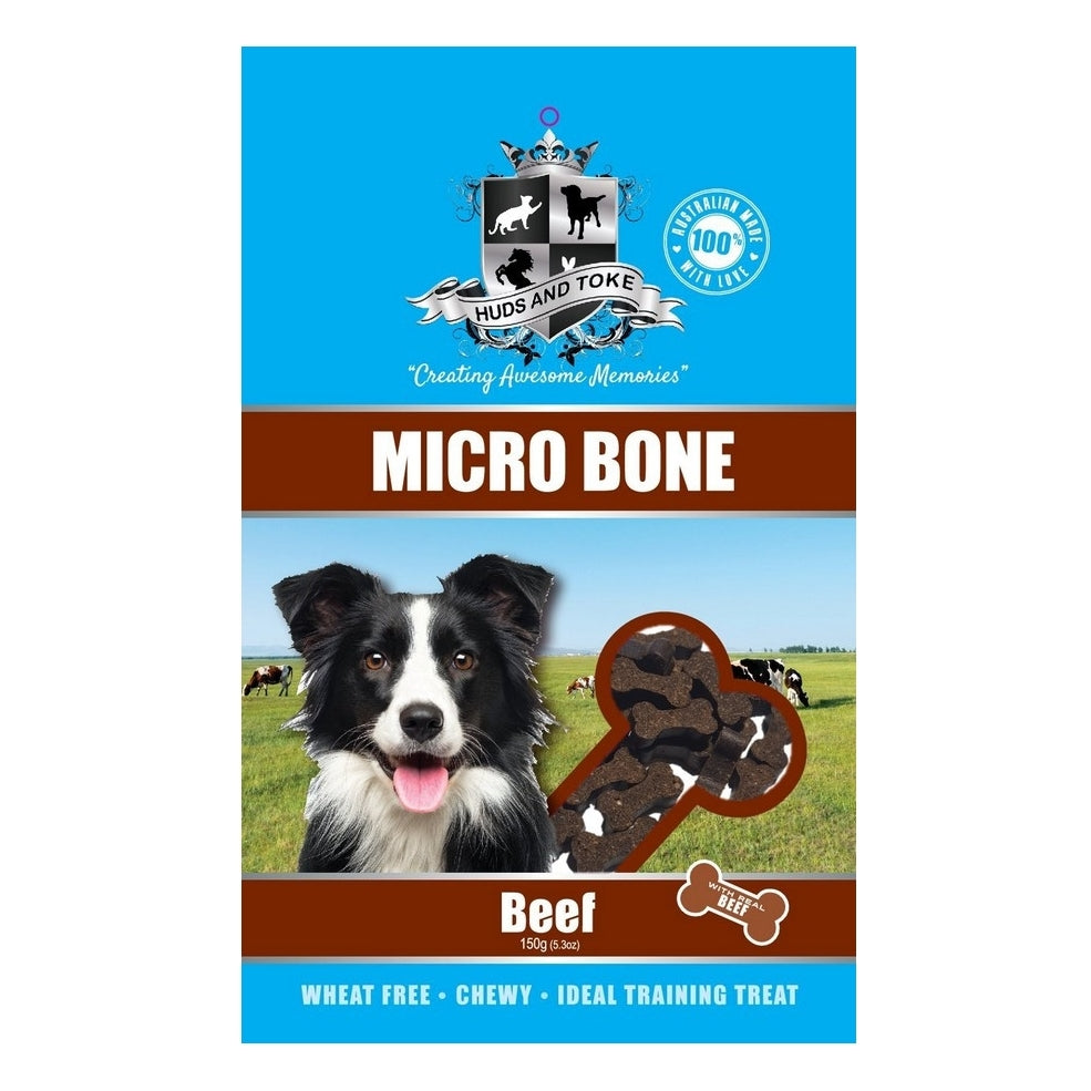 Beef Dog treat package with a dog on the front, featuring the brand 'Hud and Toke'.