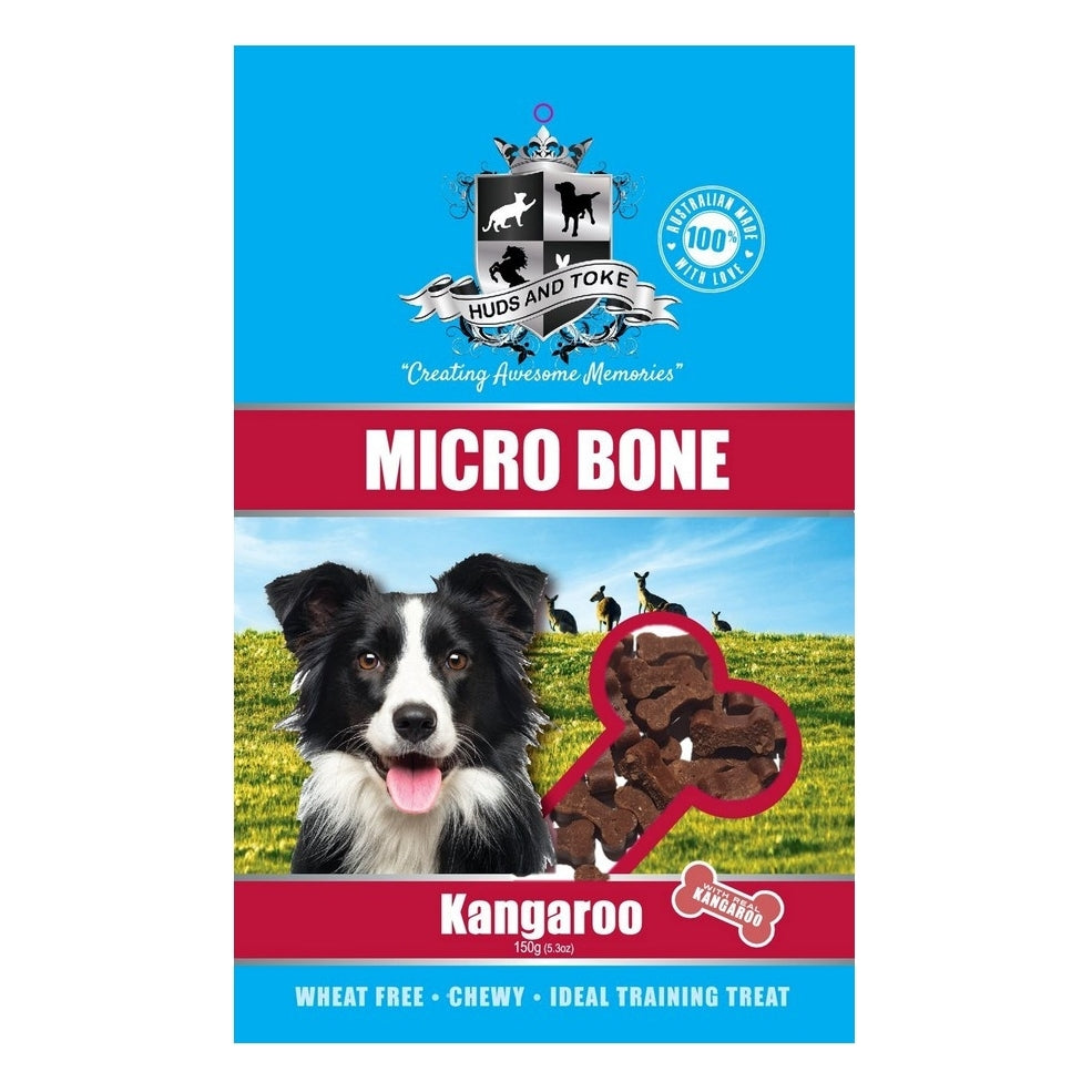 Dog treat package with a dog on the front, featuring the brand 'Huds and Toke'.