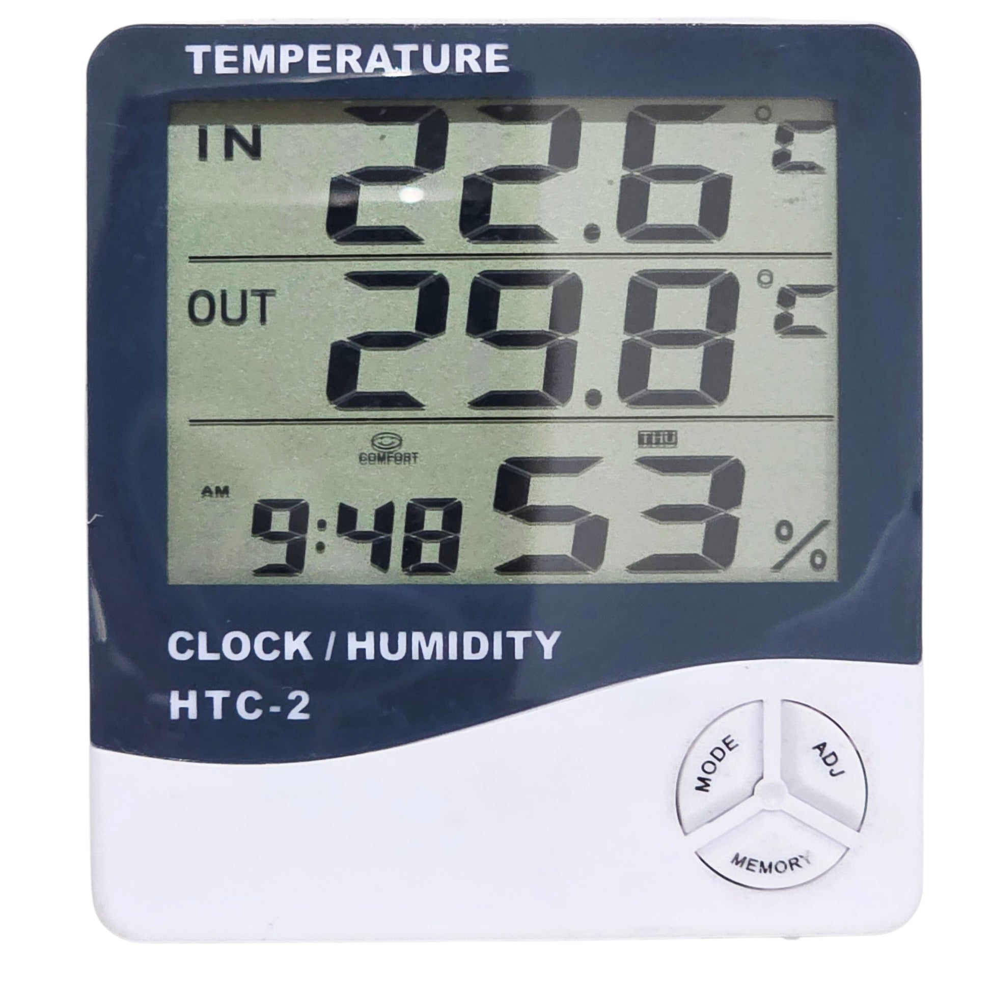 Digital thermometer and humidity meter with clock display on a white background