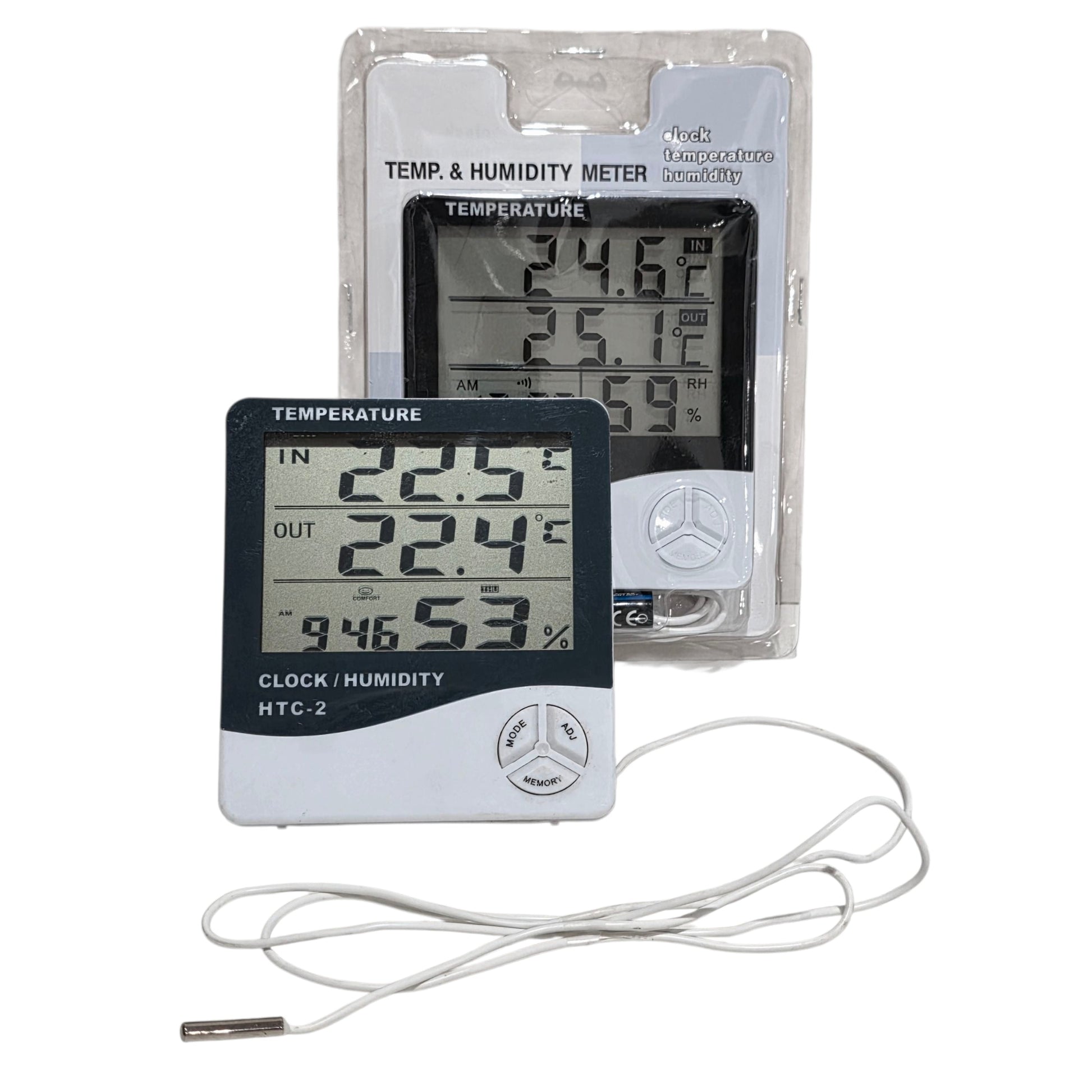 Digital temperature and humidity meter with probe on a white background