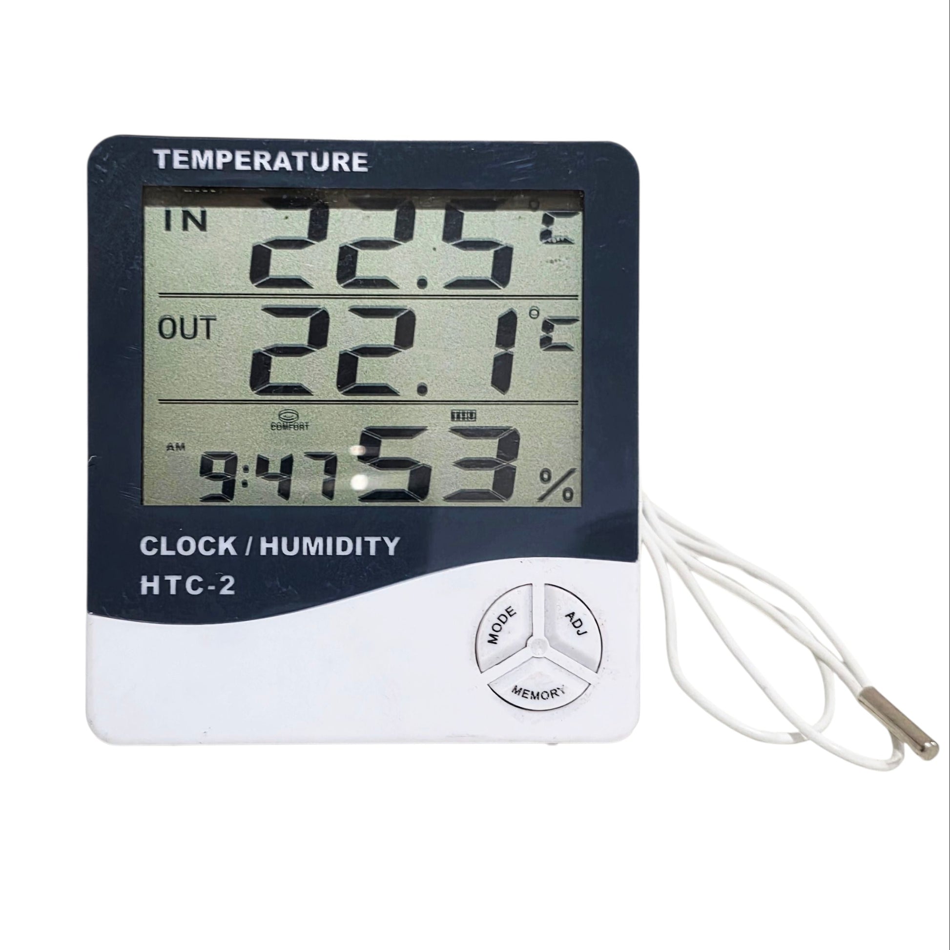 Digital thermometer with clock and humidity function on a white background