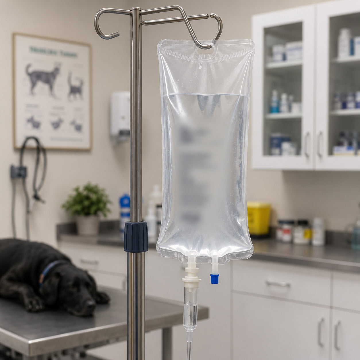 IV fluids stand with an IV bag in a veterinary clinic setting