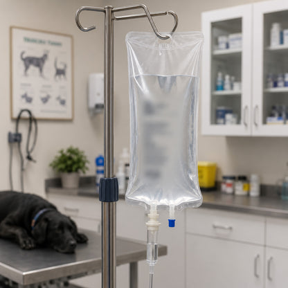 IV fluids stand with an IV bag in a veterinary clinic setting