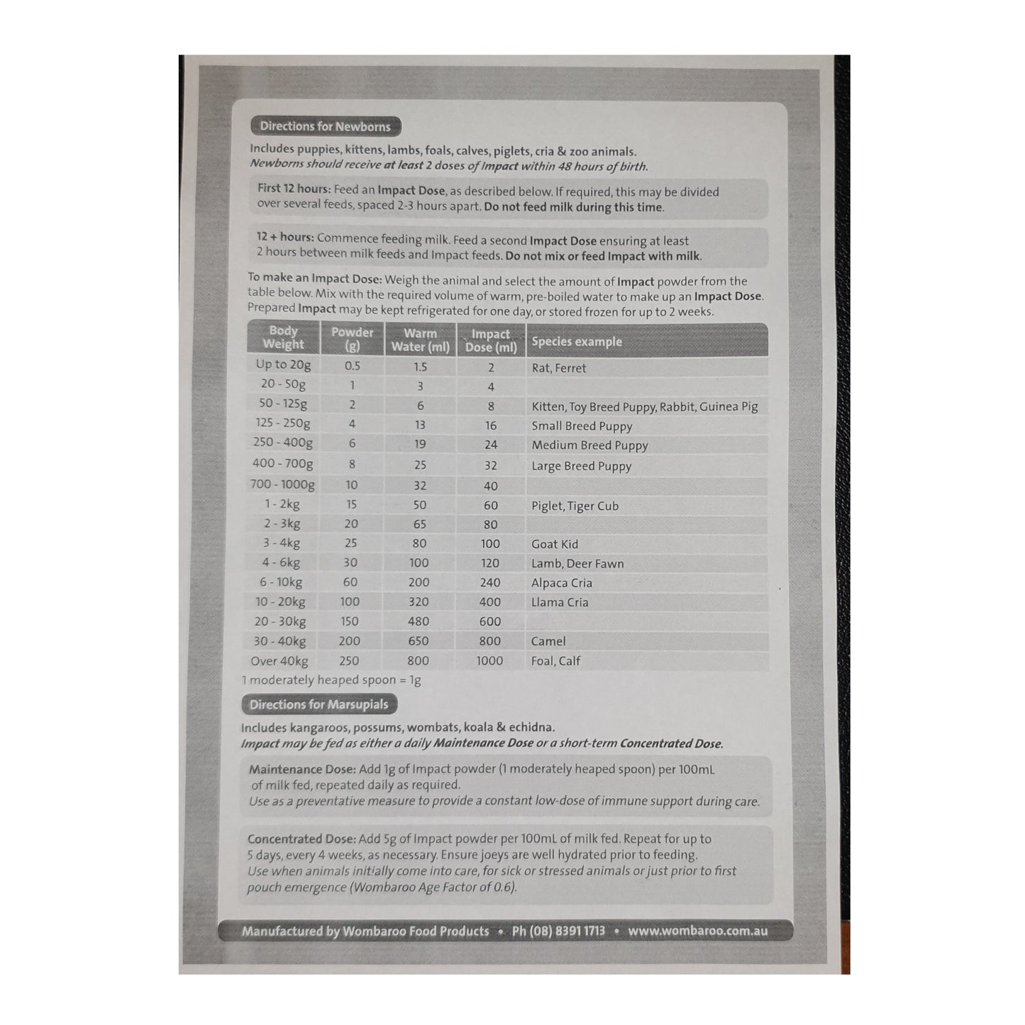 Impact Colostrum Direction Chart