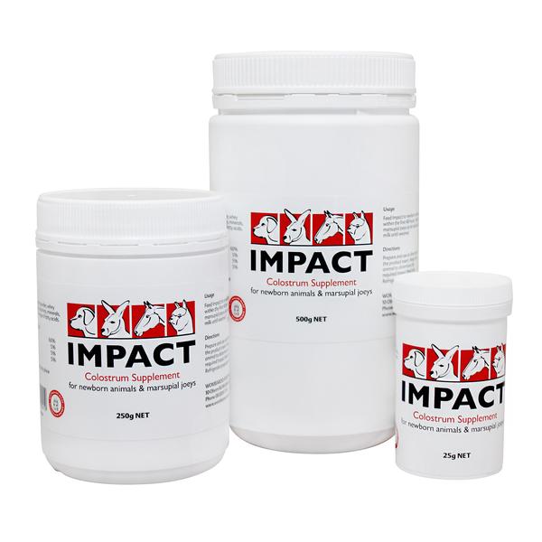 A set of containers of Impact Colostrum supplement for neonatal animals, with different sizes including 25g, 100g, 250gm, and 500g, all labeled with the product name and brand.