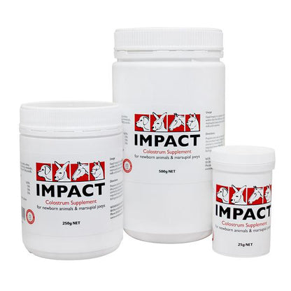 A set of containers of Impact Colostrum supplement for neonatal animals, with different sizes including 25g, 100g, 250gm, and 500g, all labeled with the product name and brand.