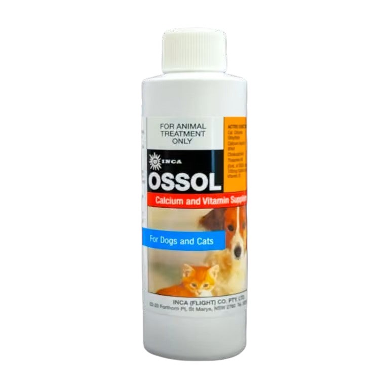 A 250mL white plastic bottle of INCA Ossol Calcium and Vitamin Support supplement for dogs and cats, featuring a white cap and a label with orange, black, and blue sections and a photo of a dog and cat.
