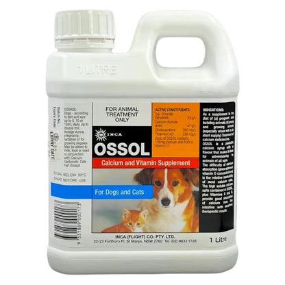 A 1 litre white plastic bottle of INCA Ossol Calcium and Vitamin Supplement for dogs and cats, featuring a detailed label with orange, black, and blue sections and a photo of a dog.