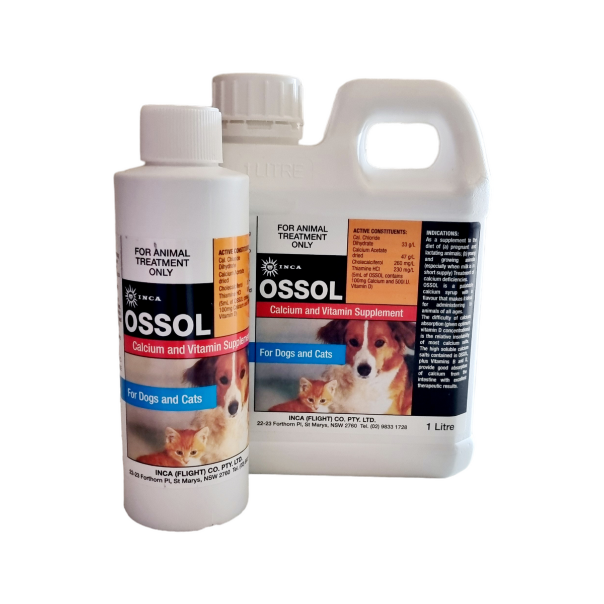 Product image showing OSSOL calcium and vitamin supplement in different sized bottles, with branding and text indicating its use for animals.