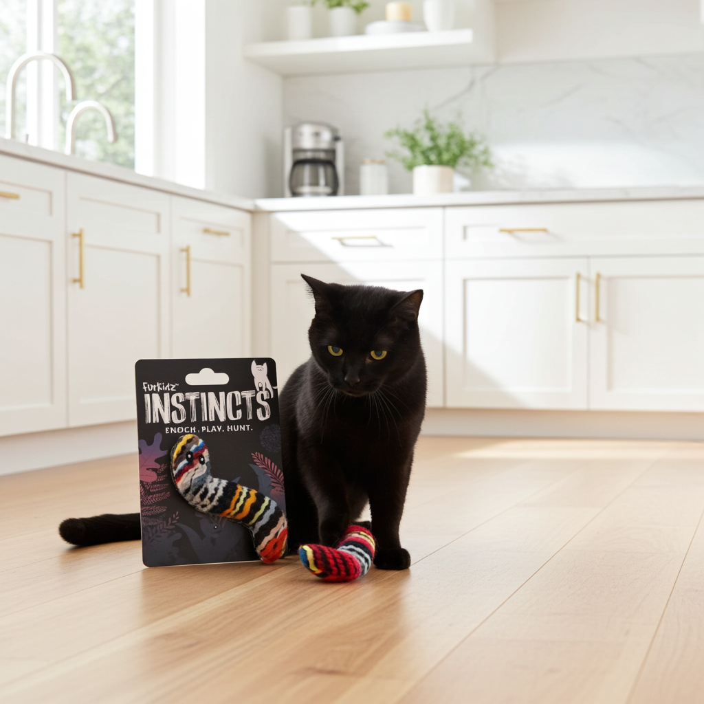 Black cat sitting on a wooden floor next to a package of FurKidz Instincts Wooly Worm toys.