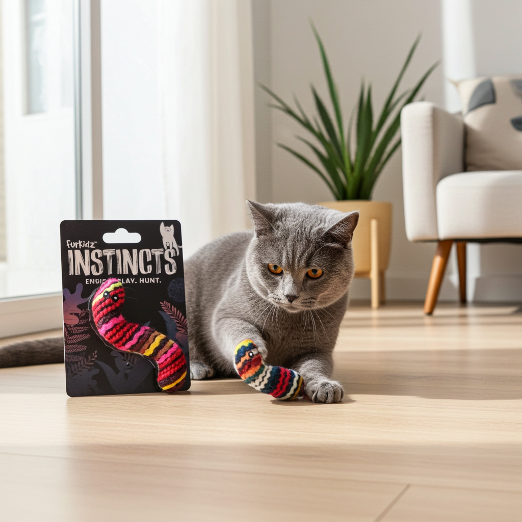 Cat playing with a FurKidz Instincts Wooly Worm colorful toy next to its packaging in a home setting