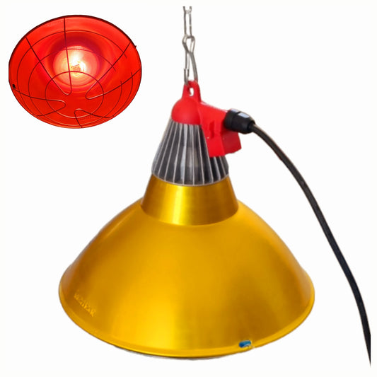 Interheat heat lamp shade with a red infrared interior, attached to a black electrical cord with a plug.