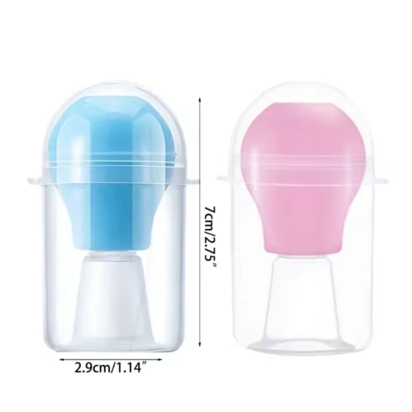 Two inverted nipple correctors, one blue and one pink, with measurements indicated on a white background.