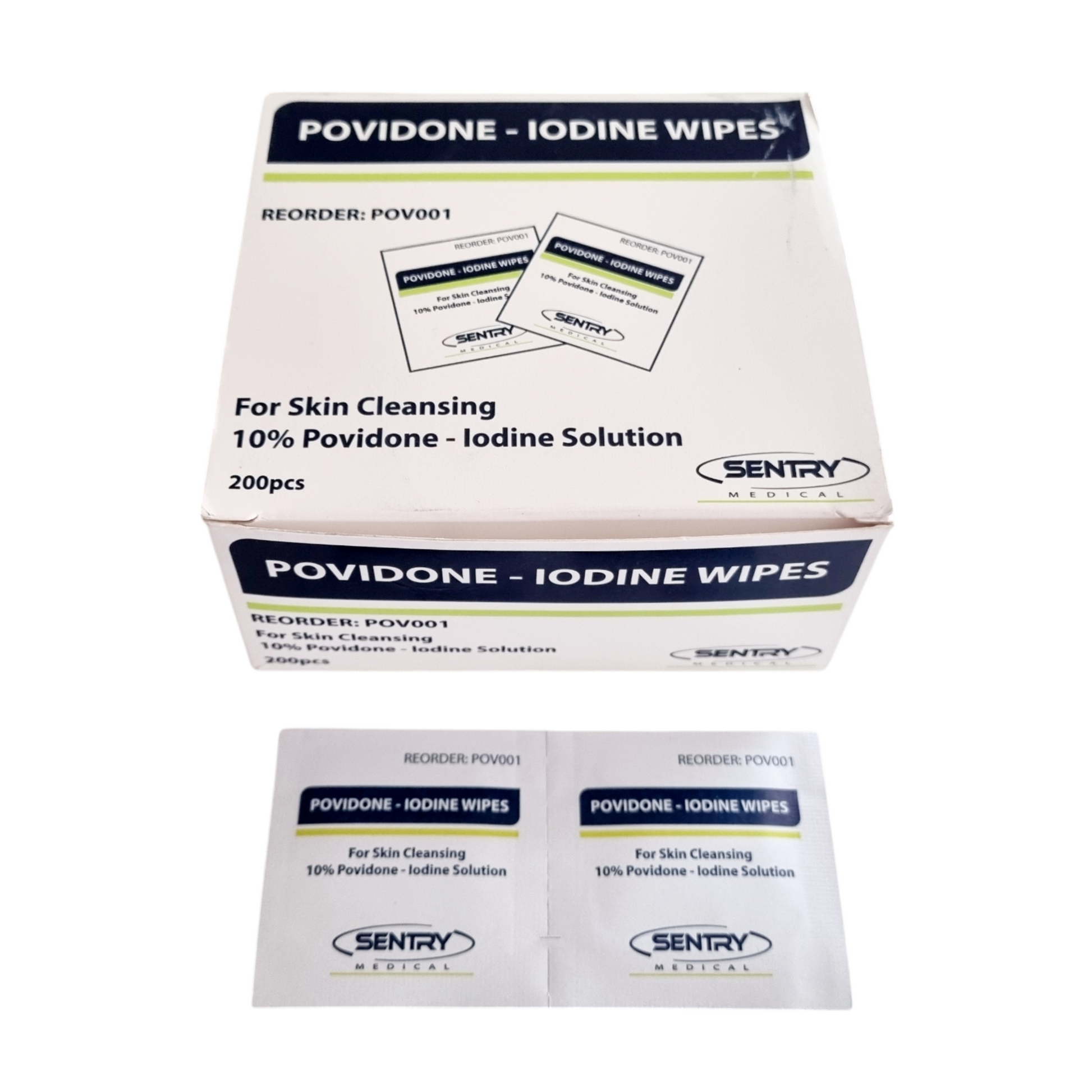 A box of SENTRY brand iodine prep pads, with individual packaging showing the wipes and text detailing the product use for skin cleansing with a 10% povidone-iodine solution.