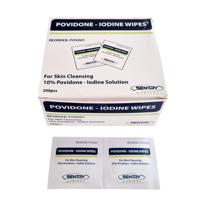 A box of SENTRY brand iodine prep pads, with individual packaging showing the wipes and text detailing the product use for skin cleansing with a 10% povidone-iodine solution.