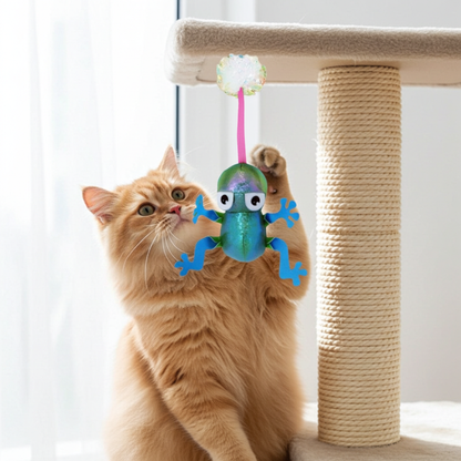 Cat playing with a colorful Kong Flingaroo Frog toy on a scratching post