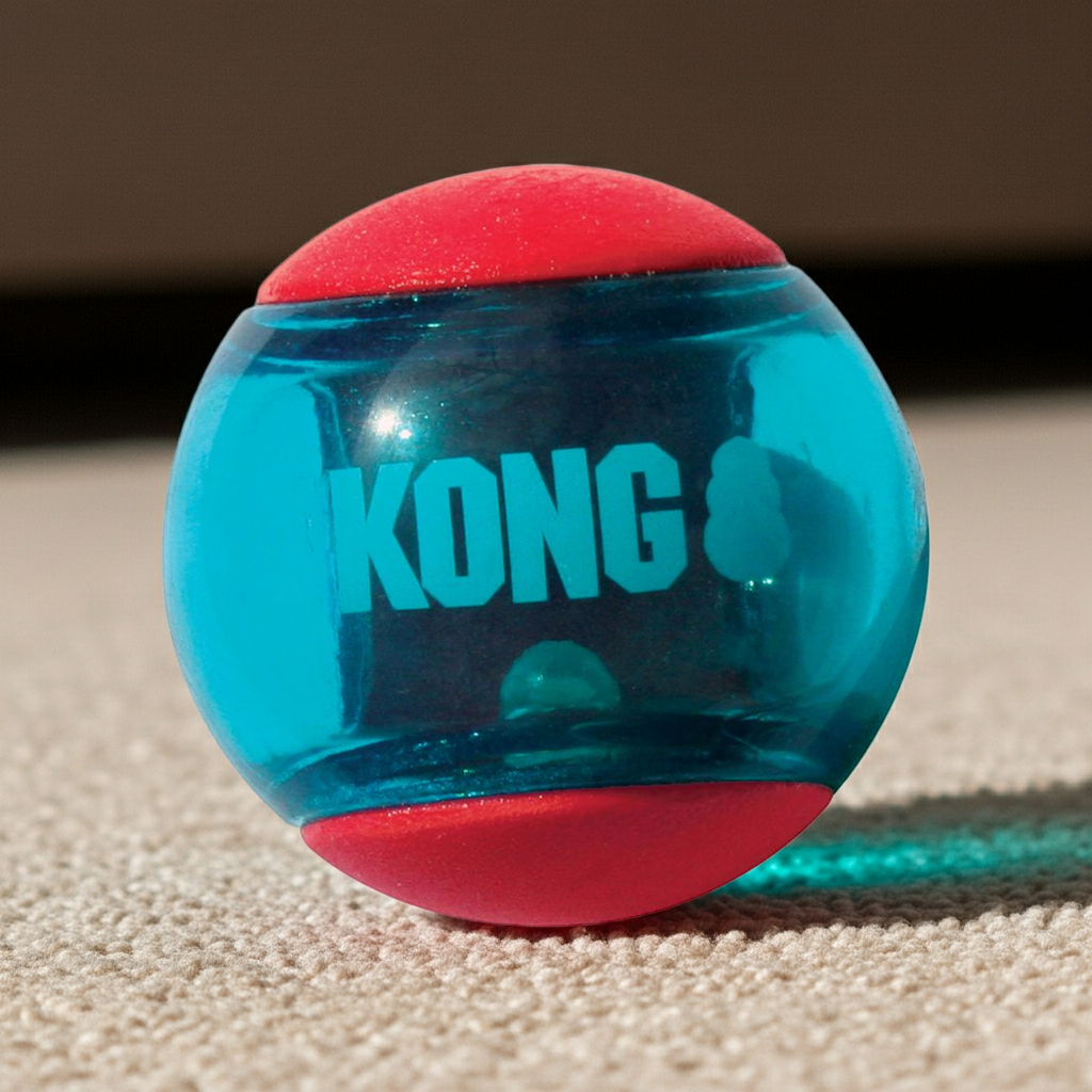 Blue and red KONG Squeezz Action Ball dog toy on a sandy surface