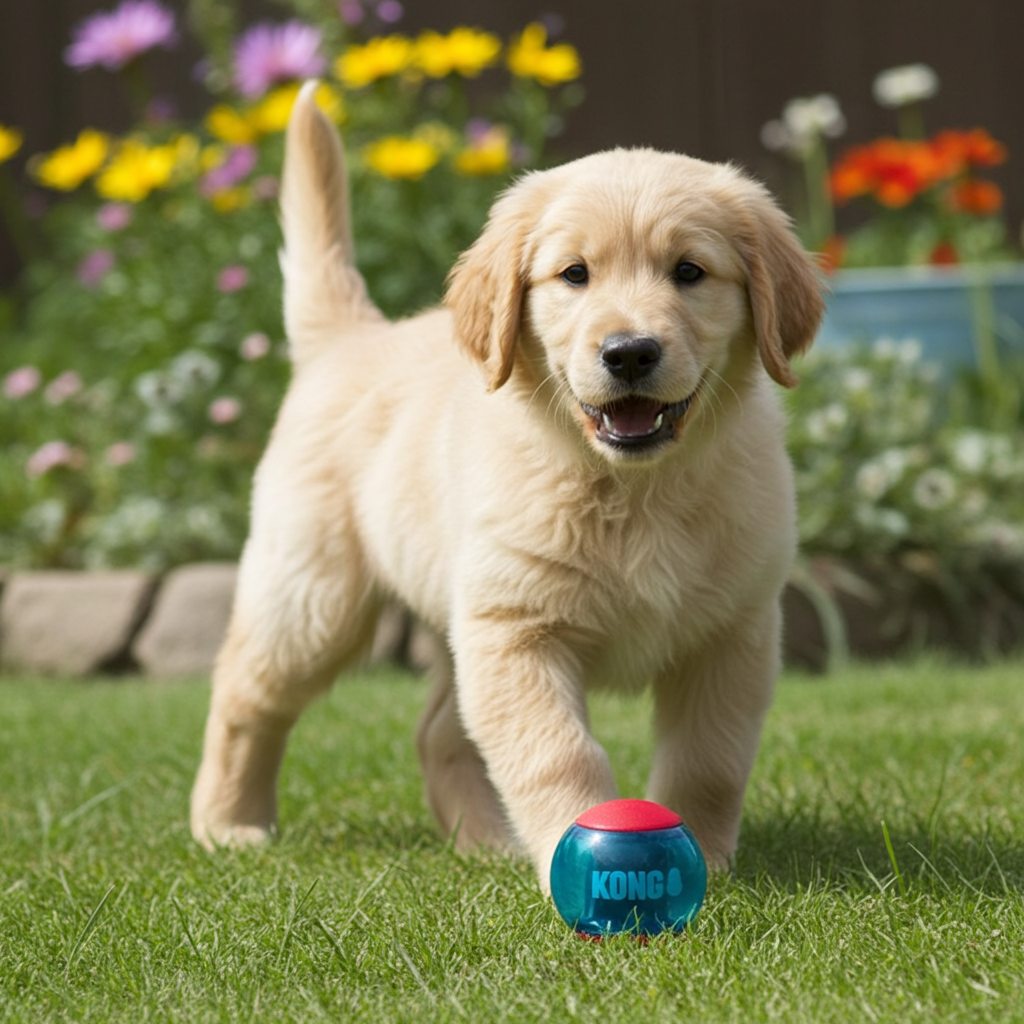 Puppy playing with a KONG ball on grass with flowers in the background