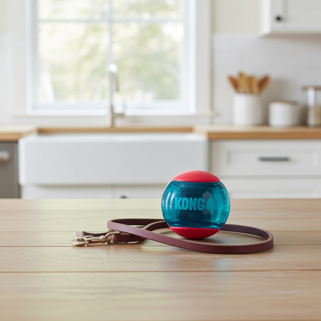 Blue and red KONG Squeezz Action Ball dog toy on a wooden table with a kitchen in the background