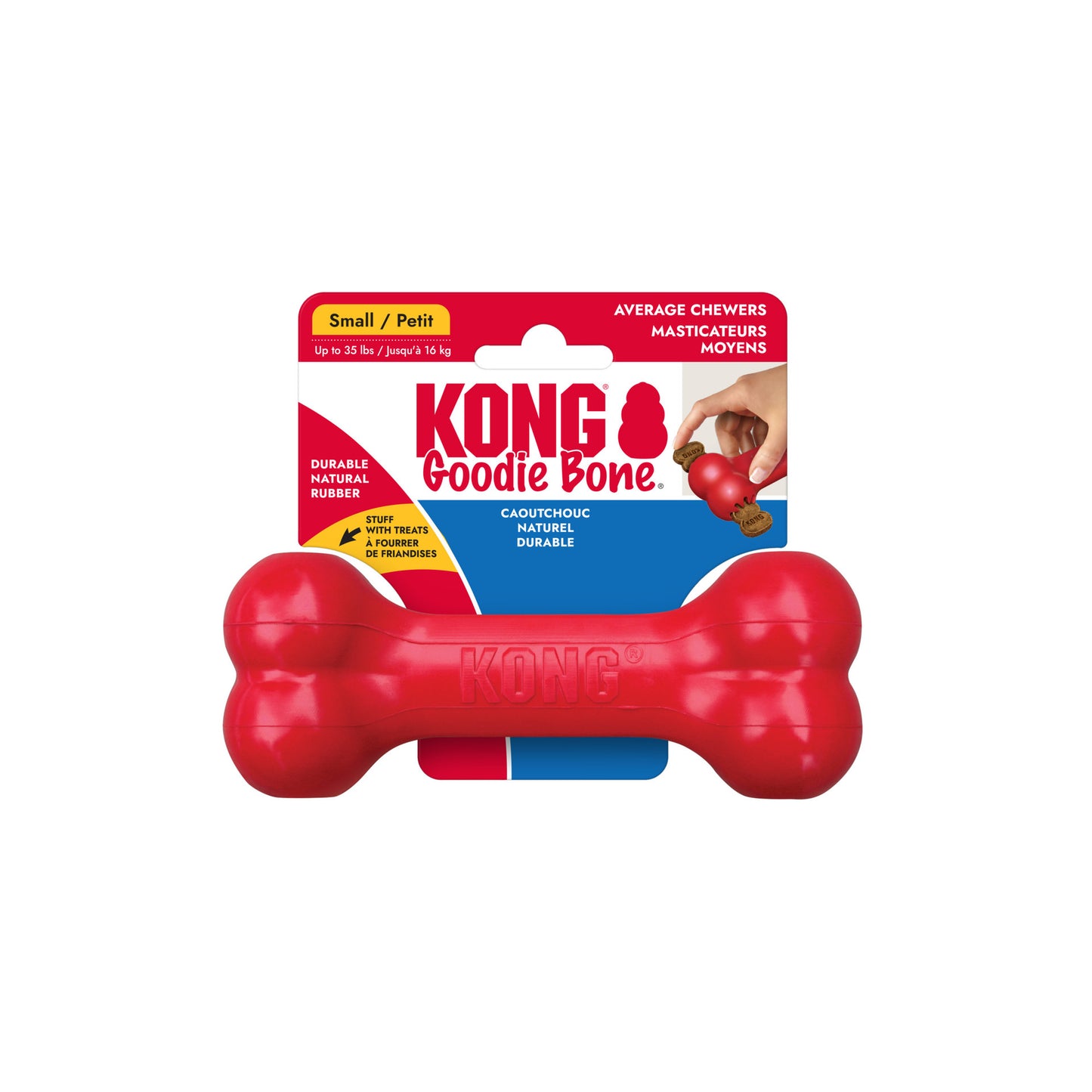 Red KONG Goodie Bone dog toy with packaging on a white background